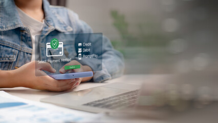 User selecting digital payment method on smartphone, showing mobile banking options like credit...