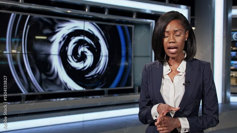 Aufkleber a news anchor stands in a modern studio with a video screen displaying a swirling pattern. the camer