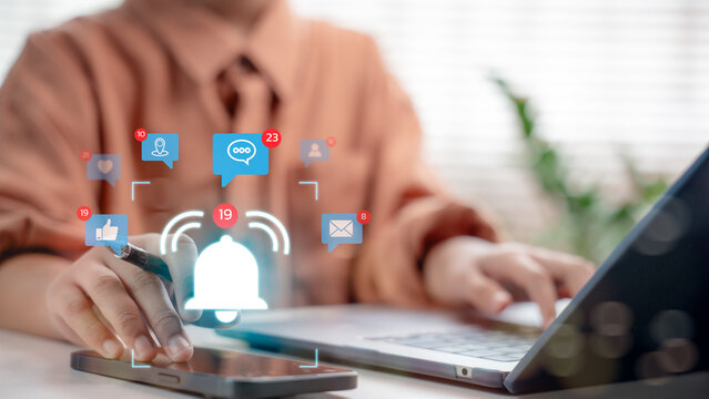 User receiving multiple app notifications on smartphone with social media, chat, email, and location alerts. Concept of digital communication, message center, and mobile interaction. - Powered by Adobe
