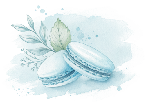 Watercolor macarons illustration blue pastel dessert bakery sweet food art print for kitchen decor isolated on transparent background