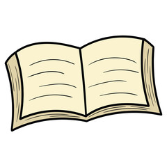 Hand drawn cartoon open book on white background.