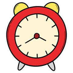 Hand drawn cartoon red alarm clock on white background.