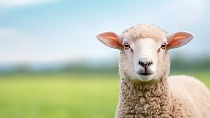 Obraz premium Close-Up Portrait of a Curious Sheep in a Pastoral Green Landscape Setting
