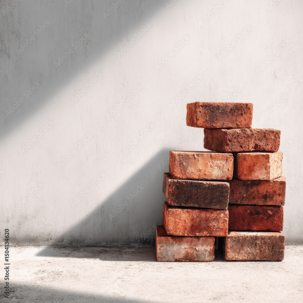 Fototapete stack of red bricks rests on concrete surface with distinct shadows during daylight