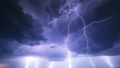 A dramatic sky filled with dark storm clouds and multiple bright flashes of lightning strikes visible