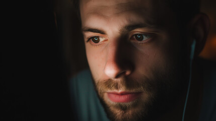 Fototapeta premium A man's intense focus in digital immersion, glowing softly with unseen connection series