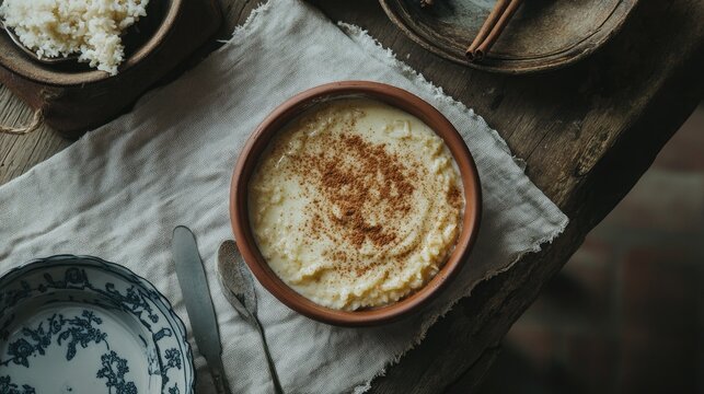 Traditional arroz con leche in a terracotta bowl, sprinkled with cinnamon and served on rustic linen
