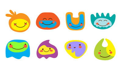 Cute friendly monsters. Abstract shape characters with smiling faces. Fun cartoon groovy design perfect for kids decor, prints, or stickers. Vector illustration