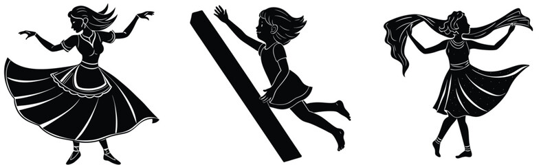 Fototapeta premium Silhouette illustrations of women dancing and flying a symbol of joy and freedom in and white