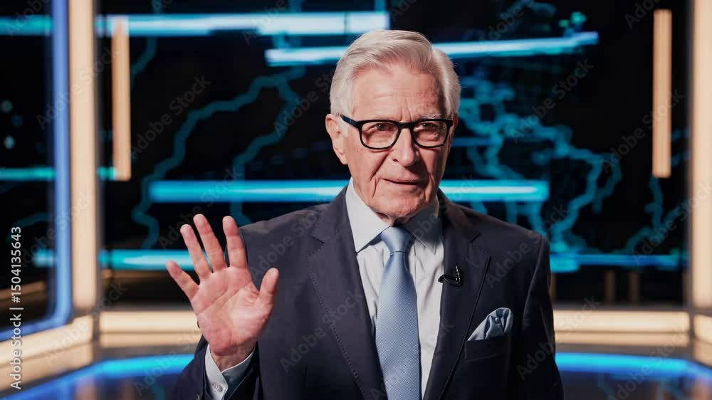 Poster elderly man in a suit speaks in a futuristic video setting. medium close-up angle with digital map b