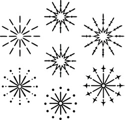 Collection of six unique black and white starburst fireworks designs