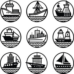 Collection of nine distinct black and white ship icons depicting various vessel types