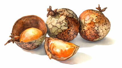 "Watercolor Clip Art of Bael Fruits with Leaves – Whole and Halved Wood Apples with Golden Pulp and Green Foliage for Herbal, Botanical, and Ayurvedic Design Projects"

