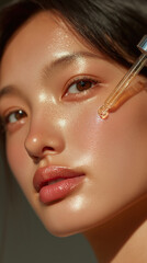 Radiant Skin, Timeless Beauty: A close-up showcases a young woman as she applies a skincare serum with radiant and healthy skin. The essence of beauty radiates with natural beauty.