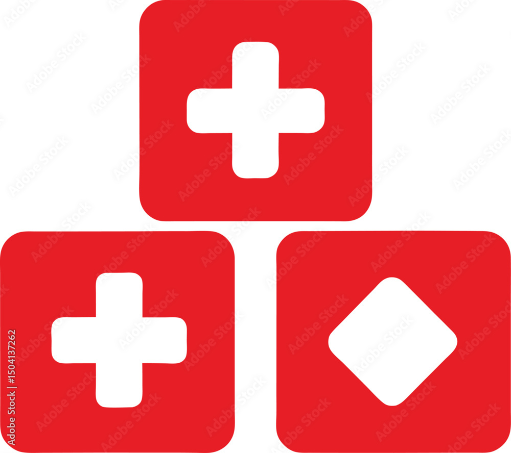 Poster red square buttons with white plus and diamond symbols a simple graphic design