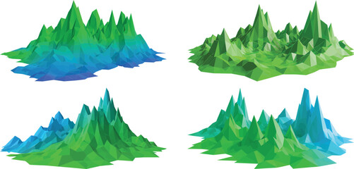 Low-poly geometric polygonal mountain sets green and blue hues, alpine digital stylized 3D terrains. 