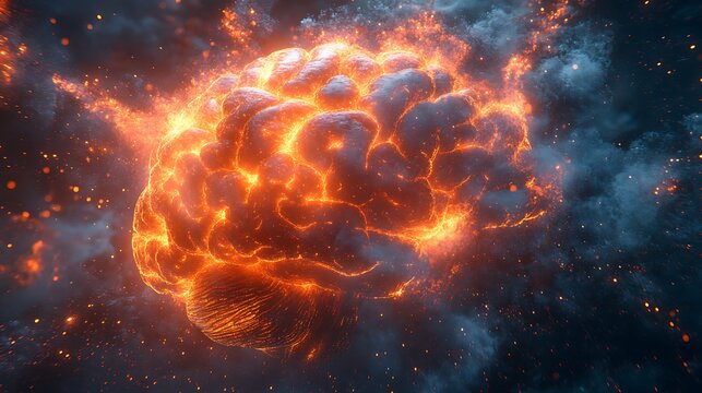 Glowing brain in flames represents creative thinking and intelligence with high resolution image