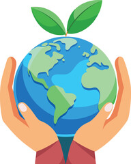 Protecting our planet earth illustration featuring hands gently holding a globe with two green leaves sprouting from the top