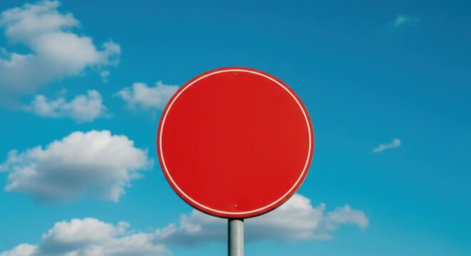 Vivid red circular board placed against a calm sky with light cloud cover