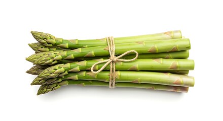 Fresh green asparagus bundle tied with twine on white background
