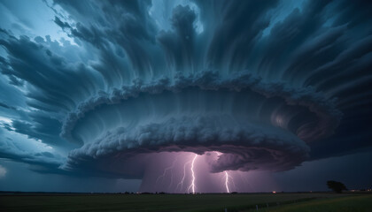 A dramatic thunderstorm with lightning strikes over a field at night with dark ominous clouds