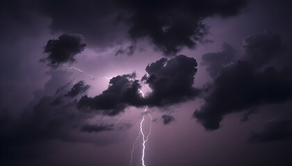 A dramatic sky with dark clouds and a bright lightning strike illuminating the night sky scene