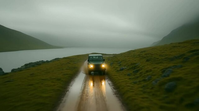 A 4x4 off road vehicle driving through a wet terrain on a cloudy day.