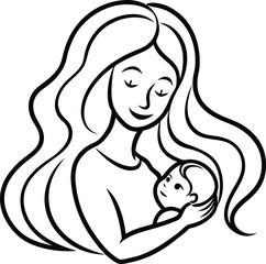 A line art illustration of a mother gently holding her newborn baby