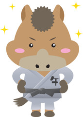 黒帯の馬キャラクター｜武道（柔道・空手・合気道）を学ぶかわいい干支素材