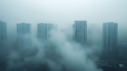Fototapeta premium Dense PM2 5 air pollution particles in urbanized dirty skies featuring a foggy and dangerous modern industrial environment with heavy smog grime and contamination Apocalyptic