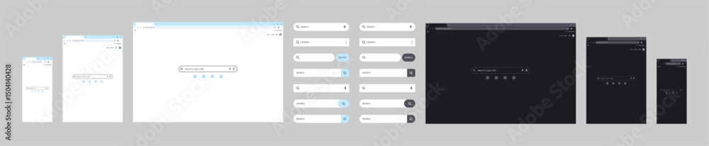 Leinwandbilder browser window Website mockup template with frames for PC, laptop, tablet, and mobile. Includes light, dark, and night modes. Vector illustration for UI and web design presentations.	