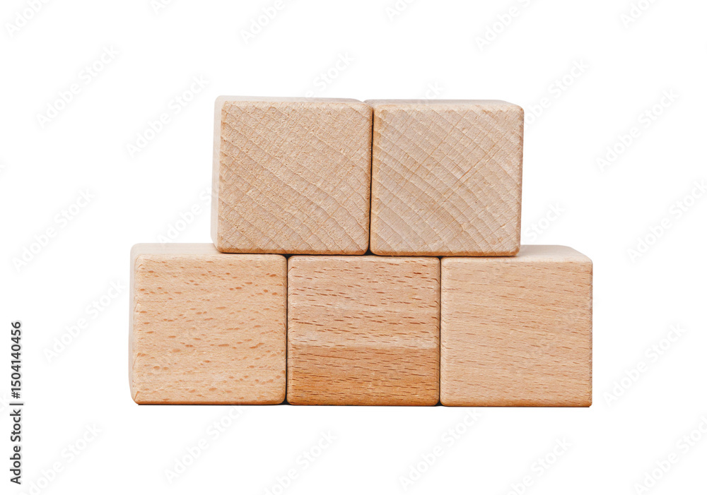 Poster five mockup square blank wooden cube block stacked on each other for insert icon. isolated cutout in