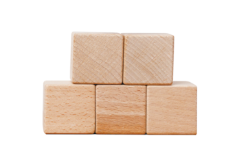 Five mockup square blank wooden cube block stacked on each other for insert icon. isolated cutout in transparent background.