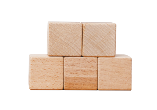 Five mockup square blank wooden cube block stacked on each other for insert icon. isolated cutout in transparent background.