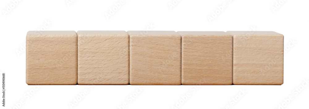 Poster a row of empty square cube wooden blank blocks for mockup arrange in line. isolated cutout in transp