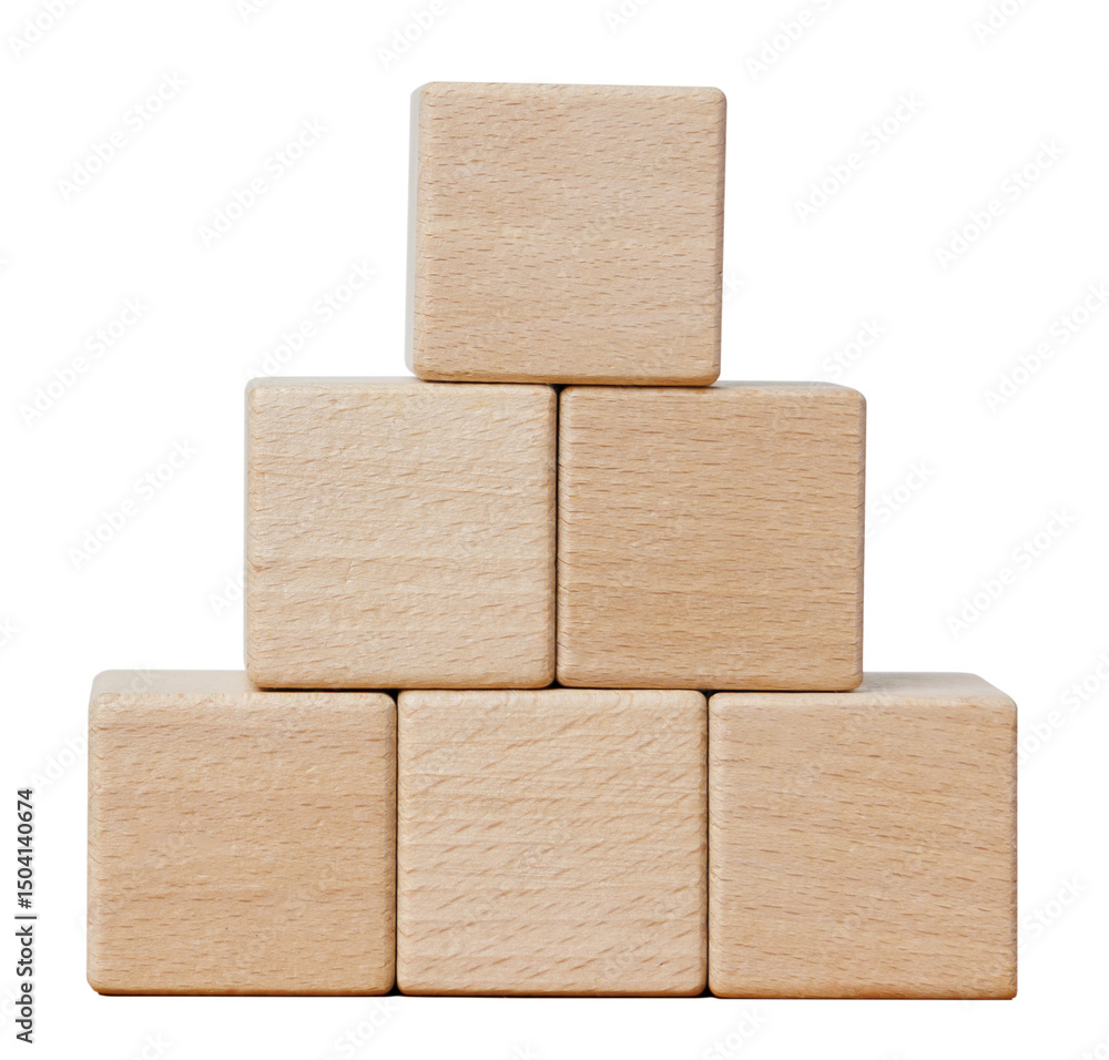 Poster five mockup square blank wooden cube block stacked on each other for insert icon. isolated cutout in