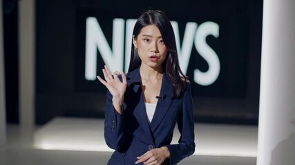 A news presenter in a studio setting, captured in a medium shot. The video conveys professionalism with a modern, sleek backdrop and clear focus. - Powered by Adobe