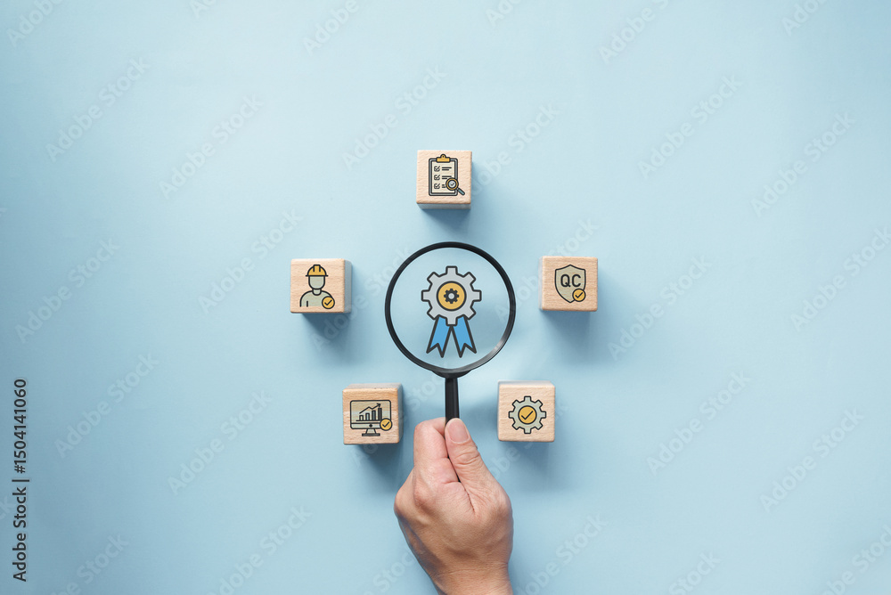 Poster hand holding magnifying glass over gear shape certificate surround by cube wood block with icon in c