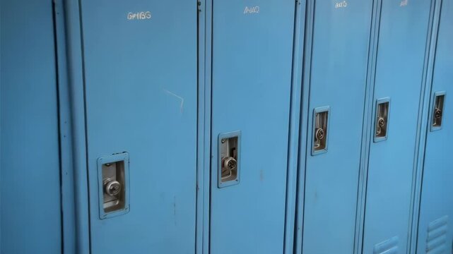 Row of light blue metal lockers with combination locks and handwritten graffiti, in school or workplace setting.