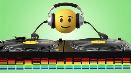 Smiling Emoji DJ Mixing Music on Turntables with Colorful Equalizer