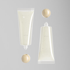 translucent lution tube packaging, clear plastic cosmetic tube packging with ball shape wooden cap, nozzle tip makeup tube with rounded shape screw cap, modern luxury makeup product container