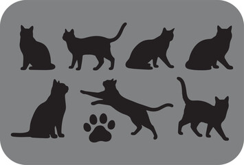 Collection of seven black cat silhouettes in various poses