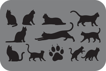 Fototapeta premium Collection of ten black cat silhouettes in various poses with paw print