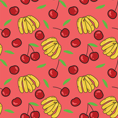 cherry and banana seamless background, vector repeated pattern of fruits