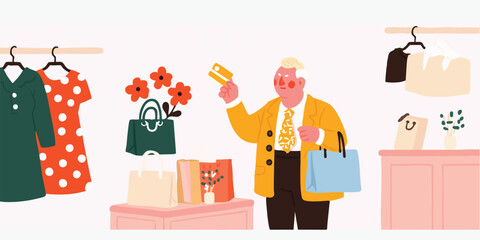An elderly man with shopping bags, enjoying a delightful shopping experience, holding a credit card, near stylish clothing and various shopping accessories.