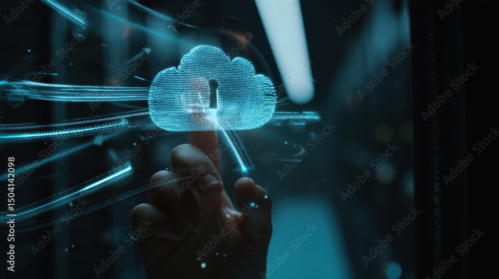Poster cloud data security a hand interacting with a digital cloud symbol, representing technology and data