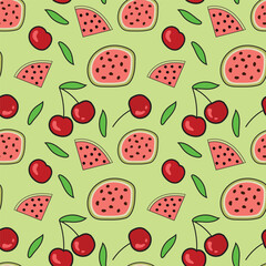 cherry and watermelon seamless background design, vector repeated pattern of fruits