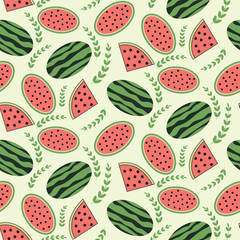 watermelon and leaves repeated pattern design, vector fruits seamless pattern background