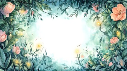A fairytale-like watercolor illustration of a rectangular floral frame interwoven with enchanted forest flowers, trailing ivy, and soft glimmers of fireflies, creating a whimsical atmosphere 