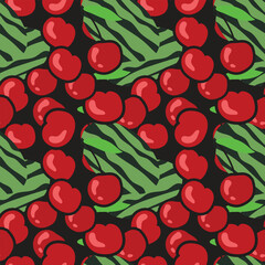 repeated pattern design of cherry and watermelon, vector fruits seamless pattern on black background